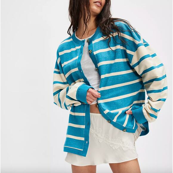 Free People Blue Classic Striped Cardigan NEW - Picture 1 of 6
